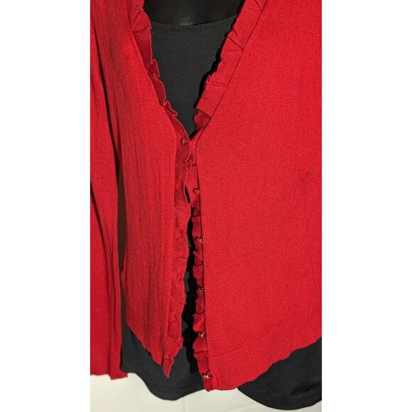 New York & Company Red Ruffle Trim Cardigan Sweater Long Sleeve Knit Top Medium - Picture 2 of 5